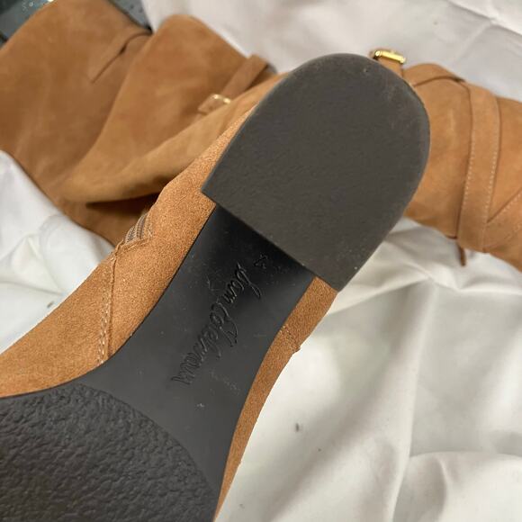 Sam Edelman Tan Suede OTK Boots 7 Leather Heel Wrap Strap Tall Zip Buckle - Picture 11 of 16